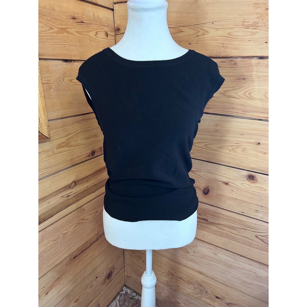 Suzy Shier Womens Cap Sleeve Knit Top Black Scoop Neck Ribbed Hem Large‎